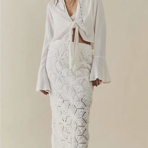 Free People Tavi Set Crochet Maxi Skirt With Top Tie Bell Sleeves Ivory